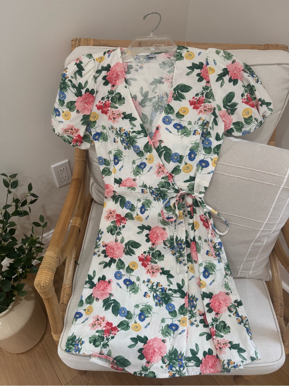 Old Navy White Floral Wrap Mini Dress with Pink, Blue & Yellow Bouquet